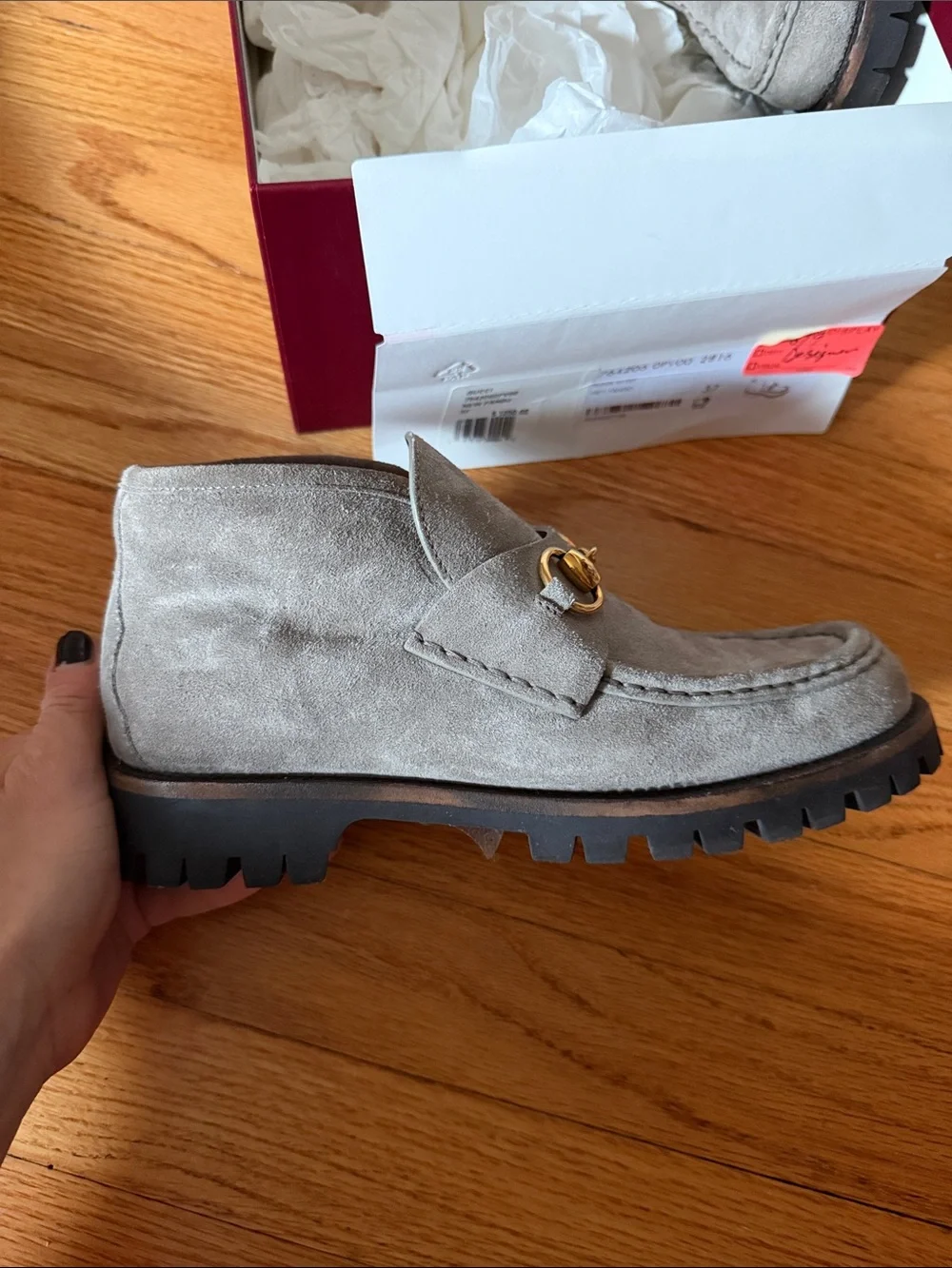 Gucci Women’s Suede Horsebit Chukka Loafer in Light Gray